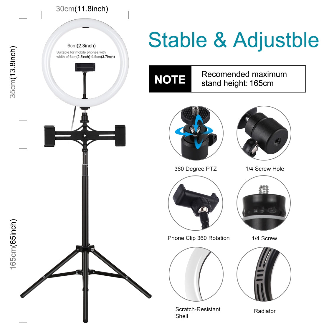 1.65m Tripod Mount + Dual Phone Bracket + 11.8 inch 30cm Curved Surface USB 3 Modes Dimmable Dual Color Temperature LED Ring Vlog