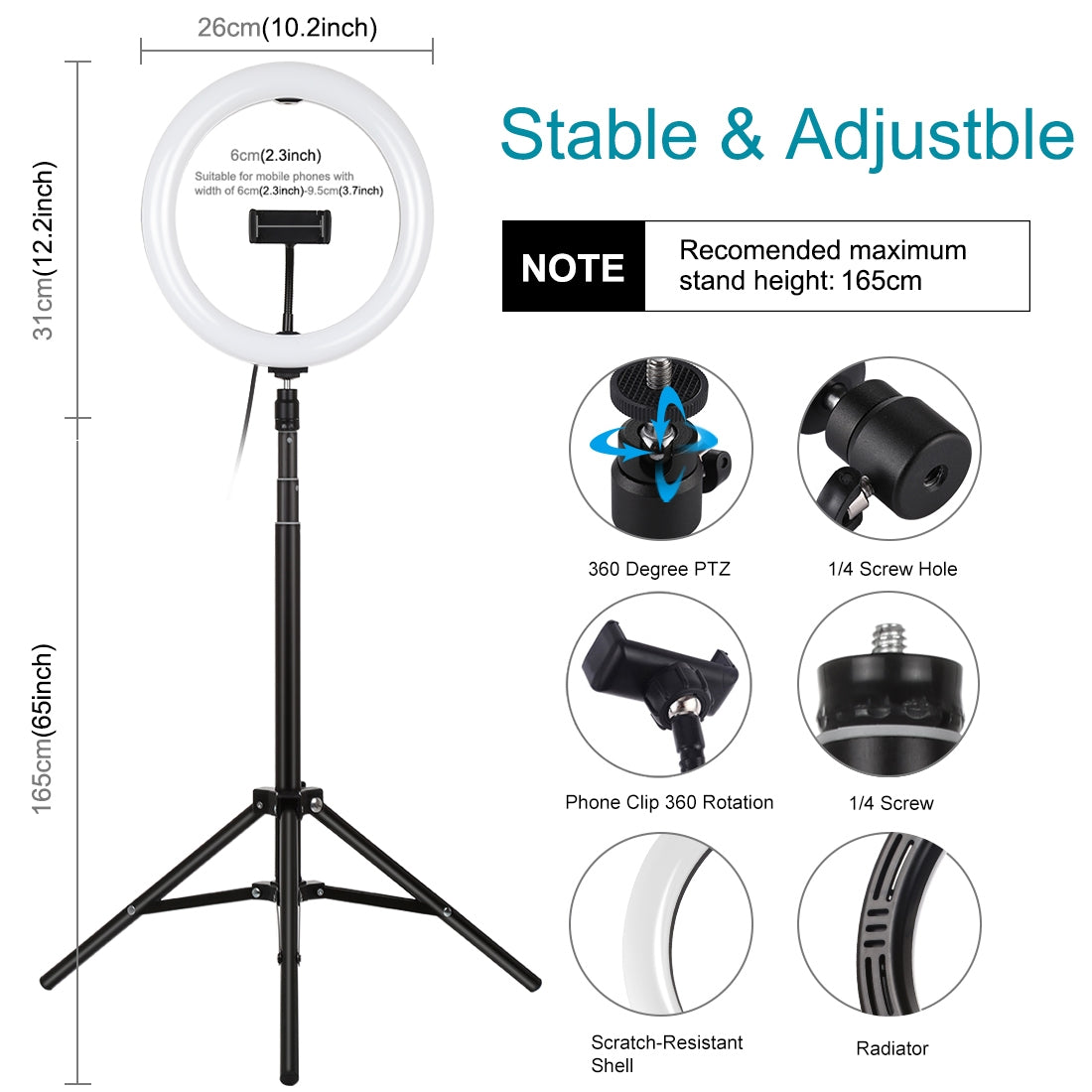1.65m Tripod Mount + 10.2 inch 26cm Curved Surface USB 3 Modes Dimmable Dual Color Temperature Ring Vlogging Video Light Live Bro