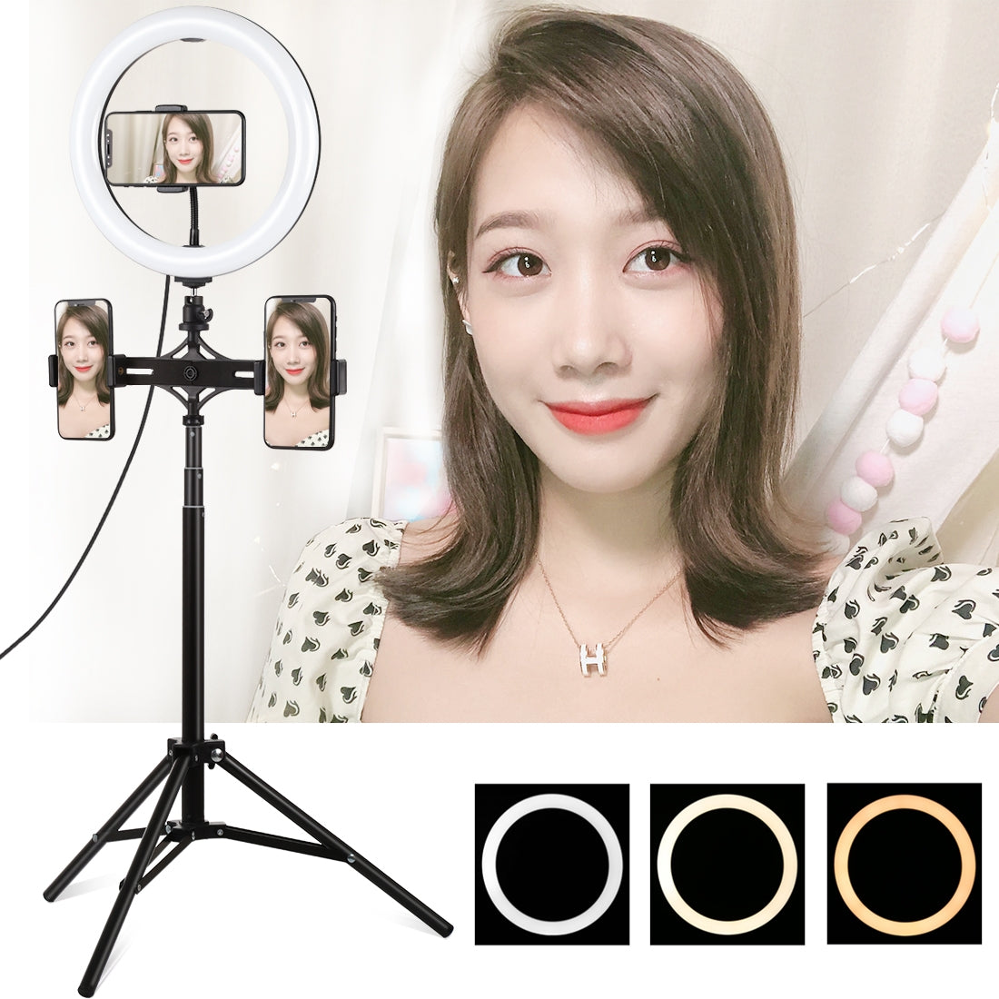 1.65m Tripod Mount + Dual Phone Brackets + 10.2 inch 26cm Curved Surface USB 3 Modes Dimmable Dual Color Temperature Ring Vloggin