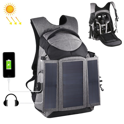 3-Fold 14W Solar Power Outdoor Portable Dual Shoulders Backpack Camera Bag with USB Port & Earphone Hole(Grey)