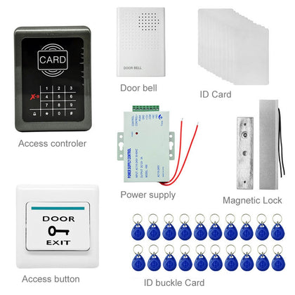 MJPT003 Door Access Control System Kits + Strike Door Lock + 20 ID Keyfobs + 10 ID Cards + Power Supply + Exit Button + Door Bell