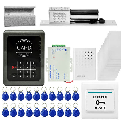 MJPT004 Door Access Control System Kits + Strike Door Lock + 20 ID Keyfobs + 10 ID Cards + Power Supply + Exit Button + Door Bell