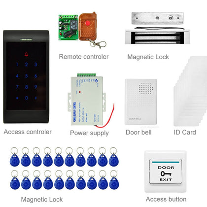 MJPT005 Door Access Control System Kits + Strike Door Lock + 20 ID Keyfobs + 10 ID Cards + Power Supply + Exit Button + Door Bell
