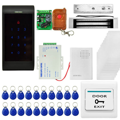 MJPT005 Door Access Control System Kits + Strike Door Lock + 20 ID Keyfobs + 10 ID Cards + Power Supply + Exit Button + Door Bell