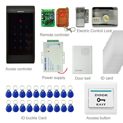 MJPT006 Door Access Control System Kits + Electric Control Lock + 20 ID Keyfobs + 10 ID Cards + Power Supply + Exit Button + Door