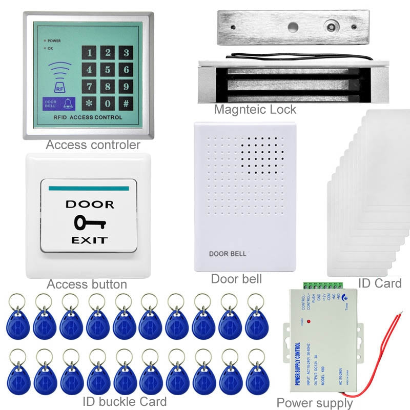 MJPT008 RFID Access Control System Kits + Magnetic Lock + 20 ID Keyfobs + 10 ID Cards + Power Supply + Door Bell + Exit Button