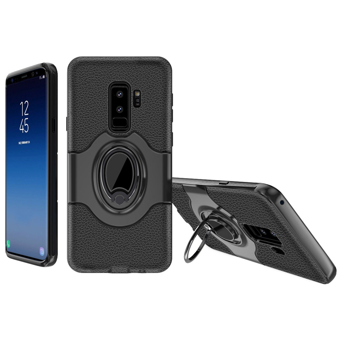 Dropproof Full Coverage Protective Case Cover for Galaxy S9+, with Magnetic Rotatable Ring Holder (Black)