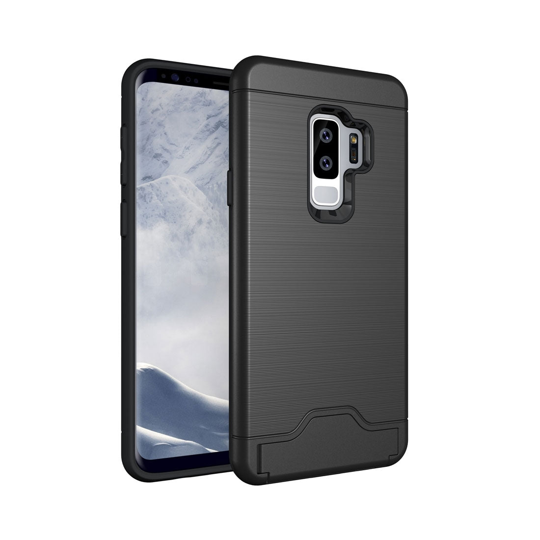 For Galaxy S9+ Brushed Texture Protective Back Case with Holder & Card Slot(Black)