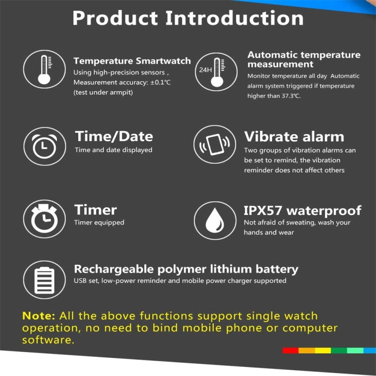 V9 0.96inch Color Screen Temperature Smart Watch IPX57 Waterproof,Support Automatic Temperature Measurement/Vibrate Alarm Clock/Timer(Black)