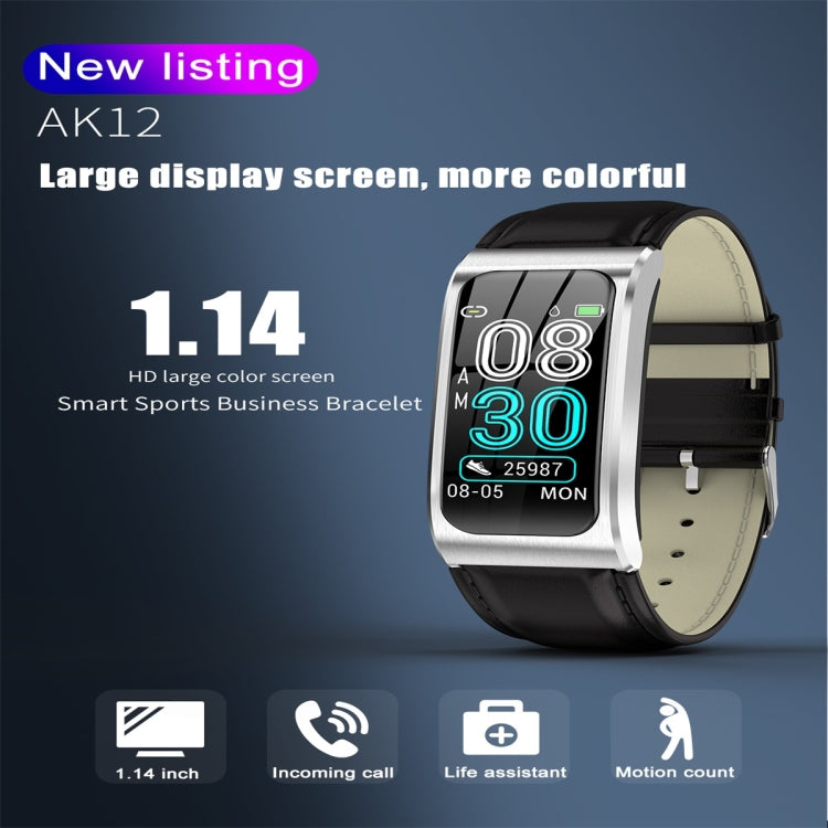 AK12 1.14 inch IPS Color Screen Smart Watch IP68 Waterproof,Leather Watchband,Support Call Reminder /Heart Rate Monitoring/Blood Pressure Monitoring/Sleep Monitoring/Predict Menstrual Cycle Intelligently(Silver)
