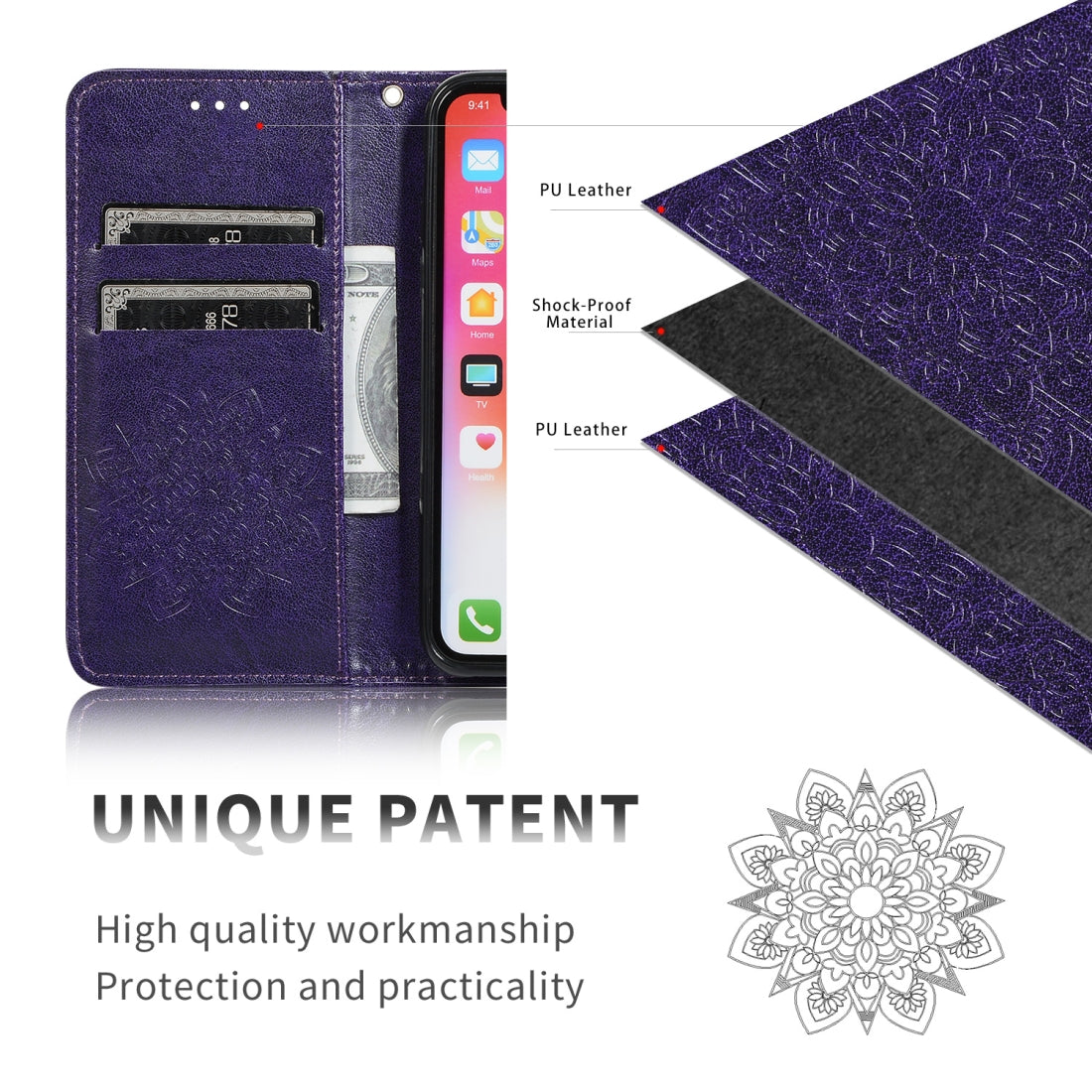 For iPhone 8 & 7 Embossed Kaleidoscope Flower Horizontal Flip Leather Case with Stand & Card Slot & Wallet(Purple)