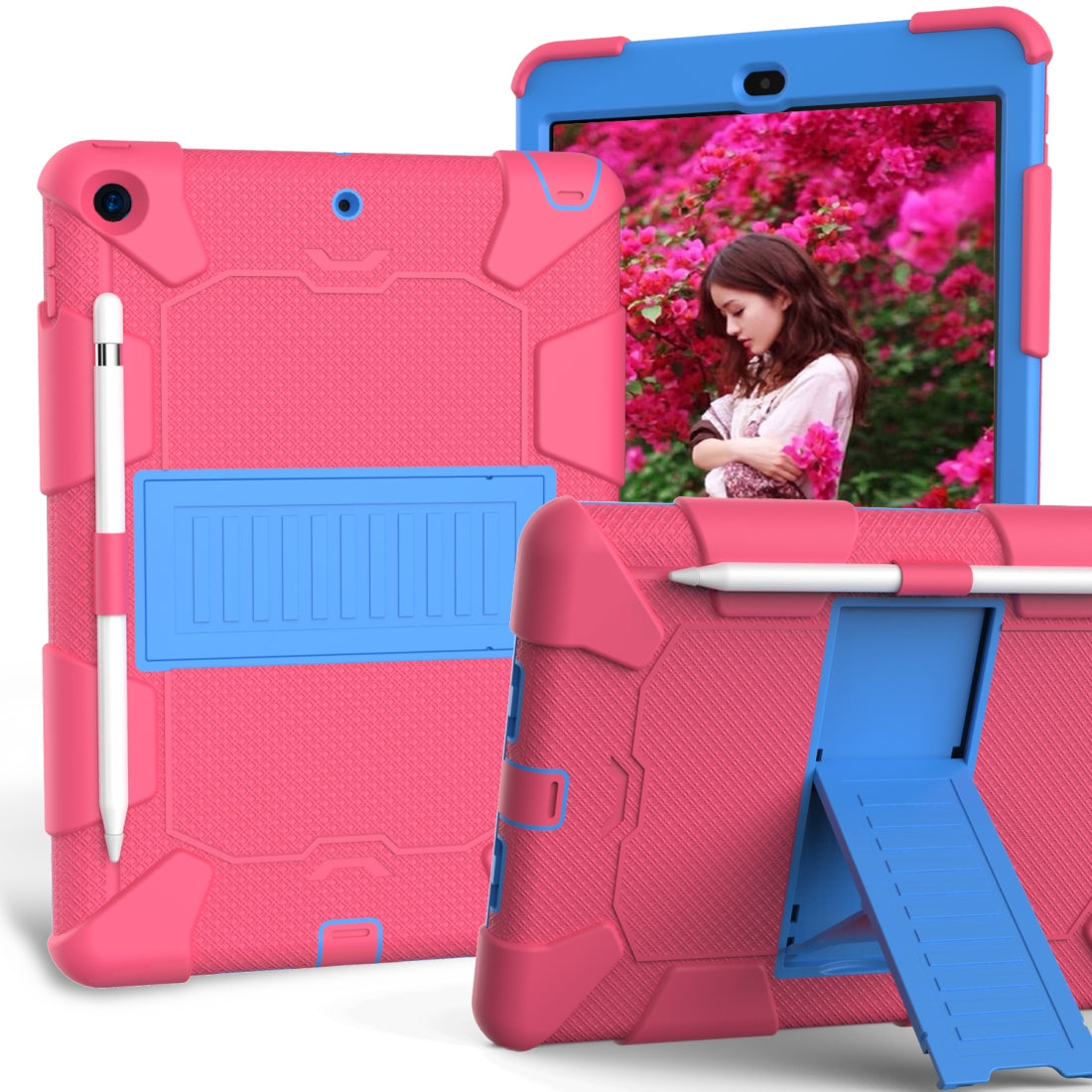 For iPad 10.2  Shockproof Two-Color Silicone Protection Case with Holder & Pen Slot(Hot Pink+Blue)