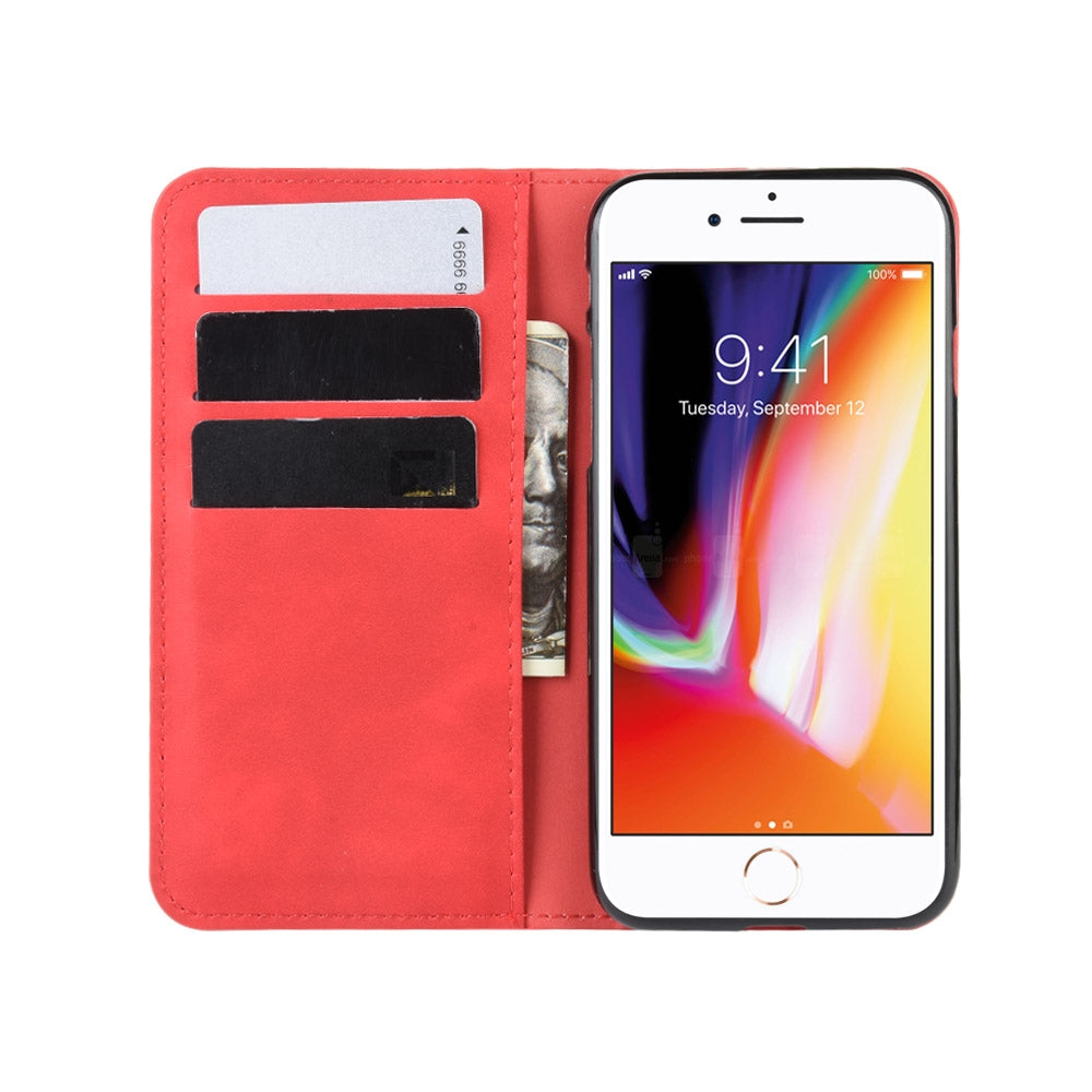 For iPhone 8 / 7 Retro-skin Business Magnetic Suction Leather Case with Purse-Bracket-Chuck(Red)