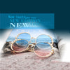 Women Sunglasses Metal Round Frame Pearl Embellished Sunglasses(Gold Frame Blue Lens)