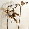 Antique Brass Wall Mounted Bathroom Tub Faucet Dual Ceramics Handles Telephone Style Hand Shower, Specification:Telephone Shower + Fixed Seat