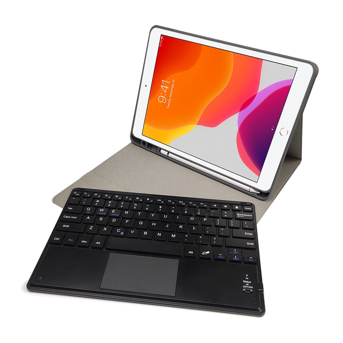RK102C Detachable Magnetic Plastic Bluetooth Keyboard with Touchpad + Silk Pattern TPU Protective Cover for iPad 10.2, with Pen Slot & Bracket