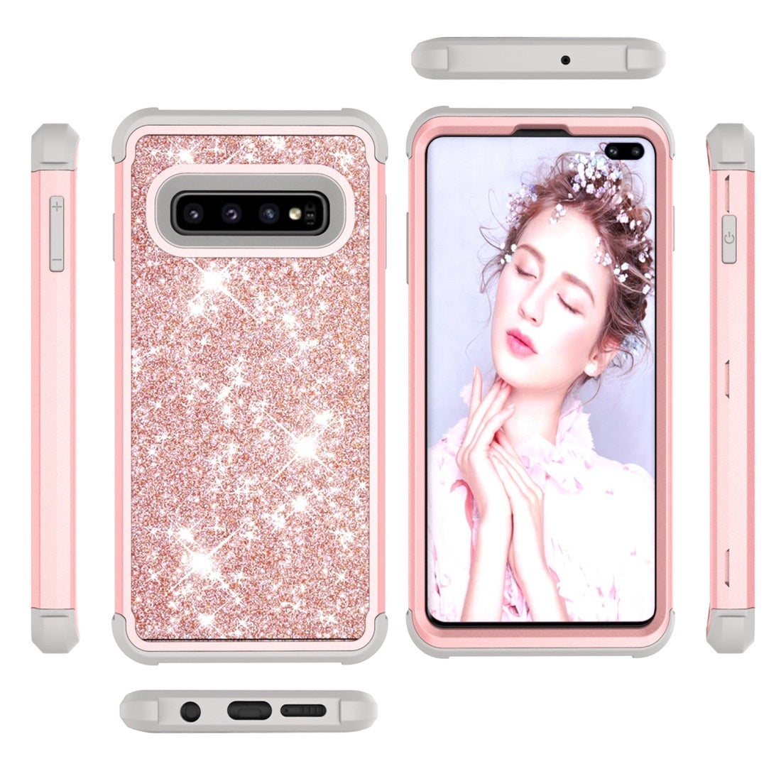 Glitter Contrast Color Silicone + PC Shockproof Case for Galaxy S10+ (Rose Gold+Grey)