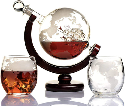 Hand Made Borosilicate Liquid Etched Globe Decanter with 2 Whisky Cups Set