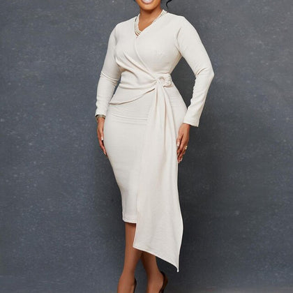 Women Long Sleeve Solid Slim Irregular  Elegant Dress