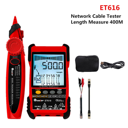 TOOLTOP Large LCD Screen Network Cable Tester + Multimeter 2 in 1 400M/500M Network Cable Length Measure AC DC Current Voltage Measurement Anti-Noise Line Tracker ET616 ET618